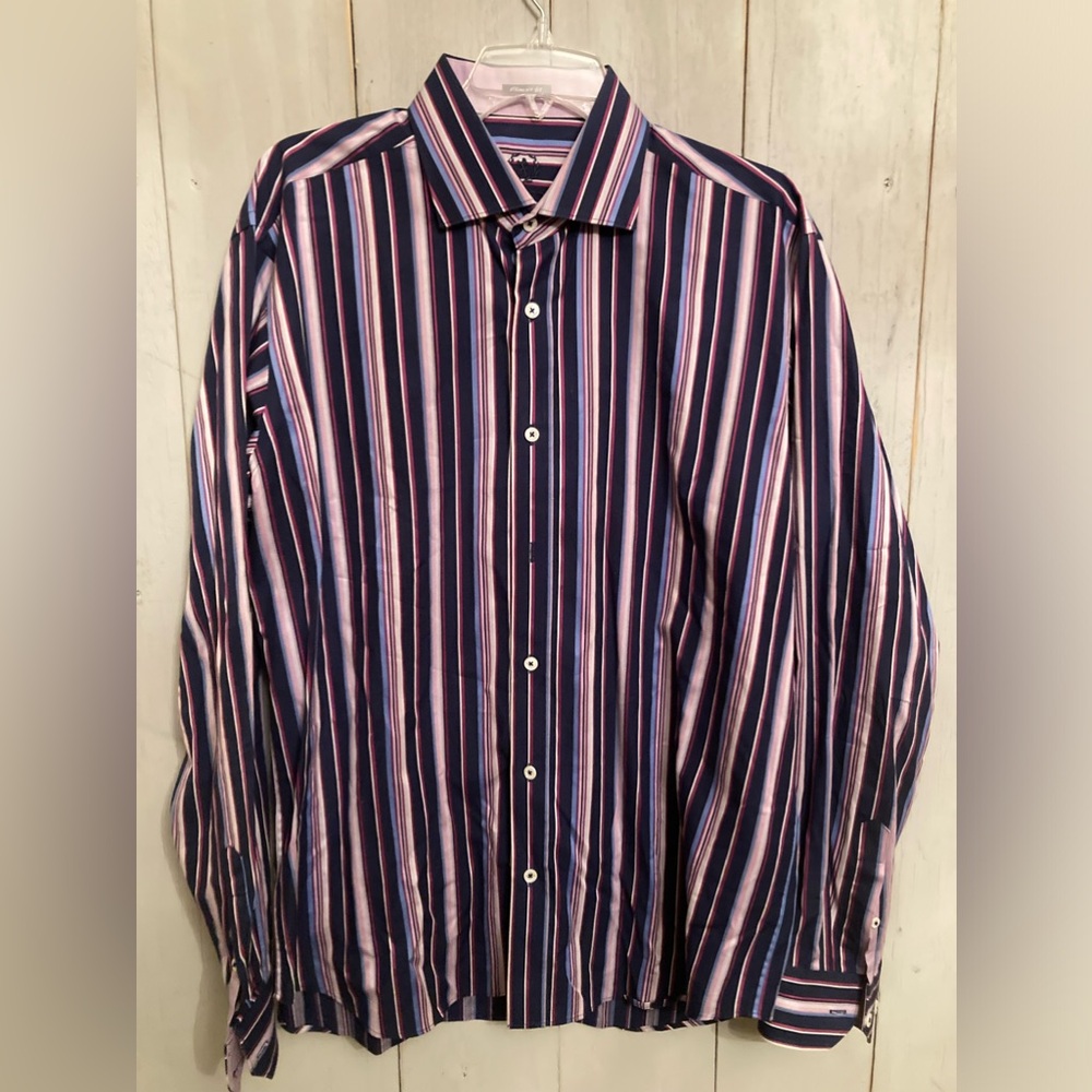 Bugatchi Uomo Men's XL Shirt Shaped Fit Flip Cuff Purple White Striped Office